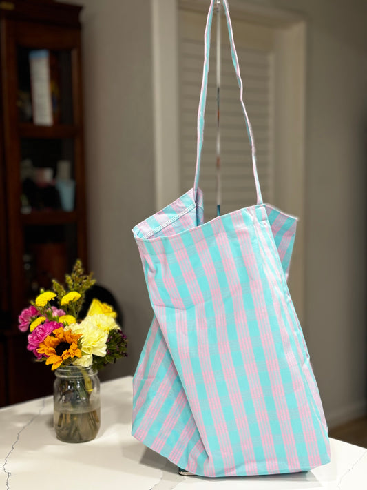 Pink and Blue Palaka Fold and Tuck Reusable Bag