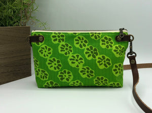 Green Floral Mocha Crossbody Bag, Vintage Hawaiian Fabric, Card slots