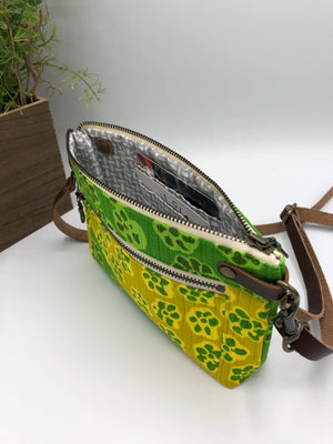 Green Floral Mocha Crossbody Bag, Vintage Hawaiian Fabric, Card slots